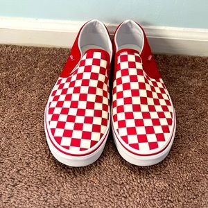 Vans checked red and white slip on shoes. Women’s size 10.
